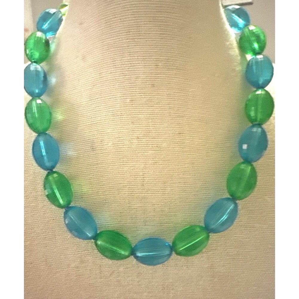 Vintage Acrylic Bead Necklace Aqua Blue Emerald Green Faceted Choker
